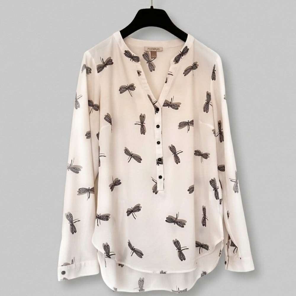 Cream Dragonfly Print Button Front Long Sleev Bloused Corpcore Bugcore Fairycore